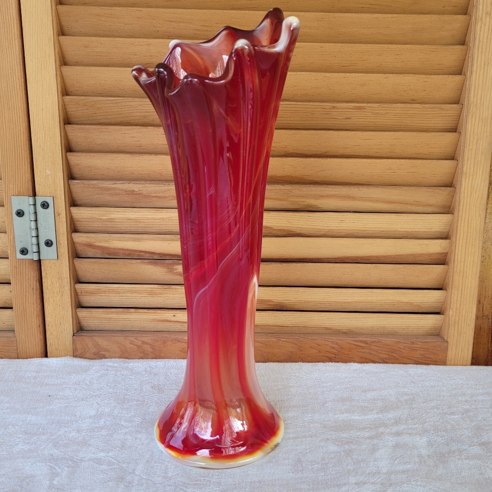 Vase Vintage Red Swung Slag Glass 12"
